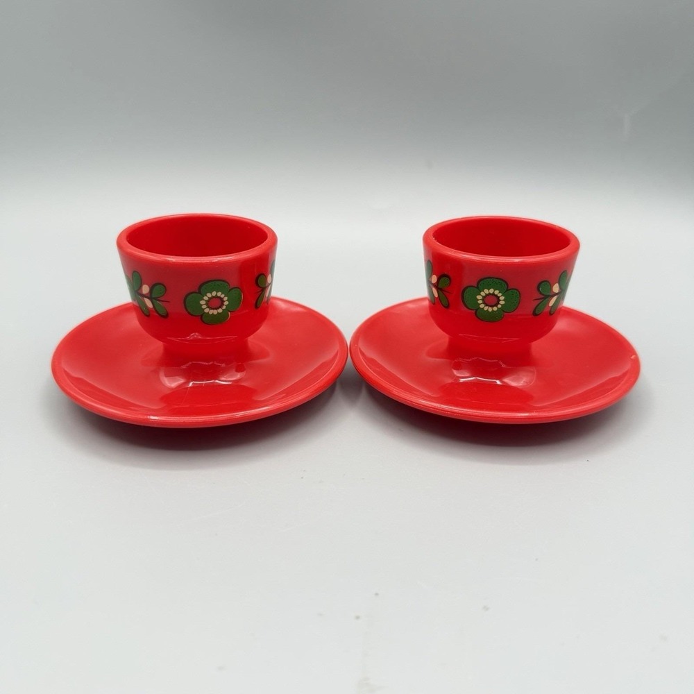 Retro Vintage EMSA Red Plastic Egg Cups West Germany Flowers Mod